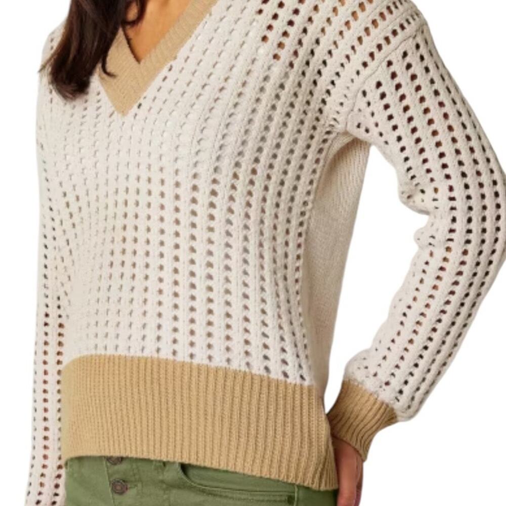 Fry and Co. Open Knit V-Neck Long-Sleeve Sweater Oatmeal, size L